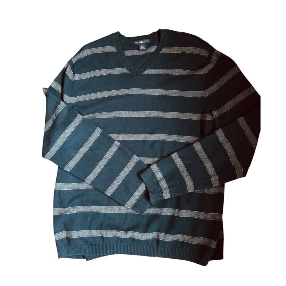 Banana Republic Cotton Cashmere V-Neck Sweater Blue Stripes Size XLarge